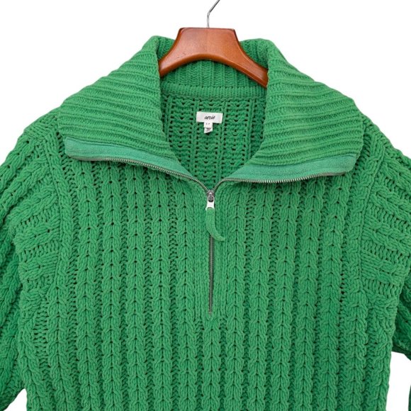 Aerie Cable Care Sweater Womens Green Chunky Knit 1/4 Zip Oversized Size S - Picture 3 of 8